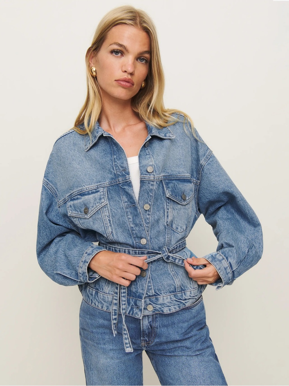 NWT Reformation Luna Belted Denim Jacket Blue - Size XL